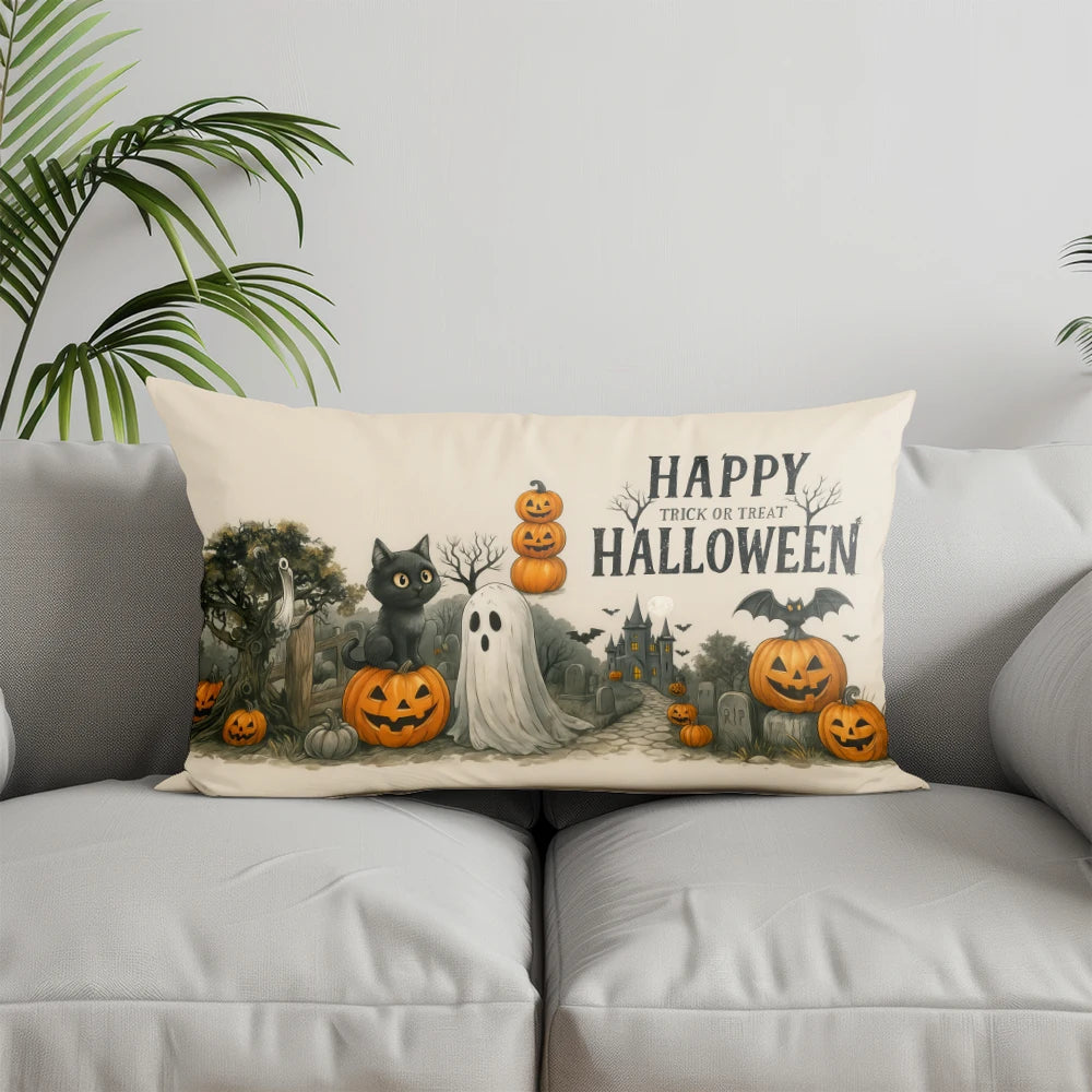 Halloween Kissenbezug mit Skelett Kürbis Hexen Motiv für Deko