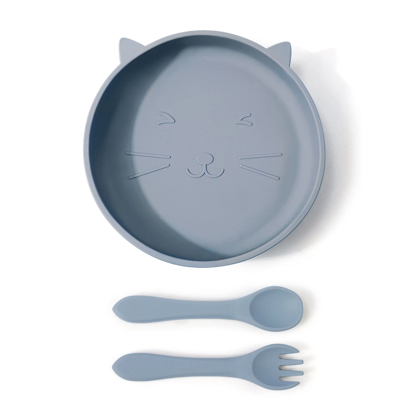Silikon Babyteller Set Katzenmotiv mit Löffel Gabel mikrowellenfest