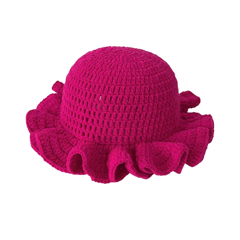 Warme Wollmütze mit Lotusblattkante und mehrfarbiger Spitze für Damen