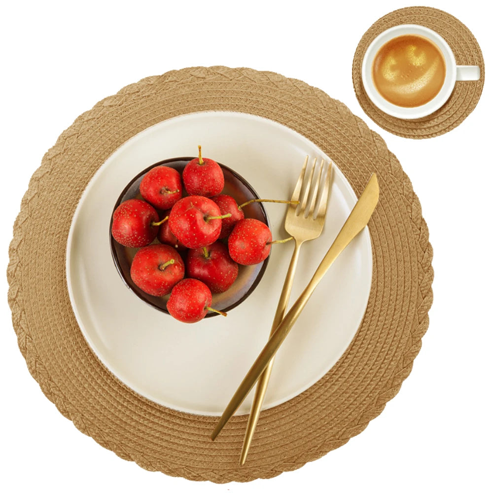 Set mit 6 runden geflochtenen Tischsets 34 cm waschbar rutschfest