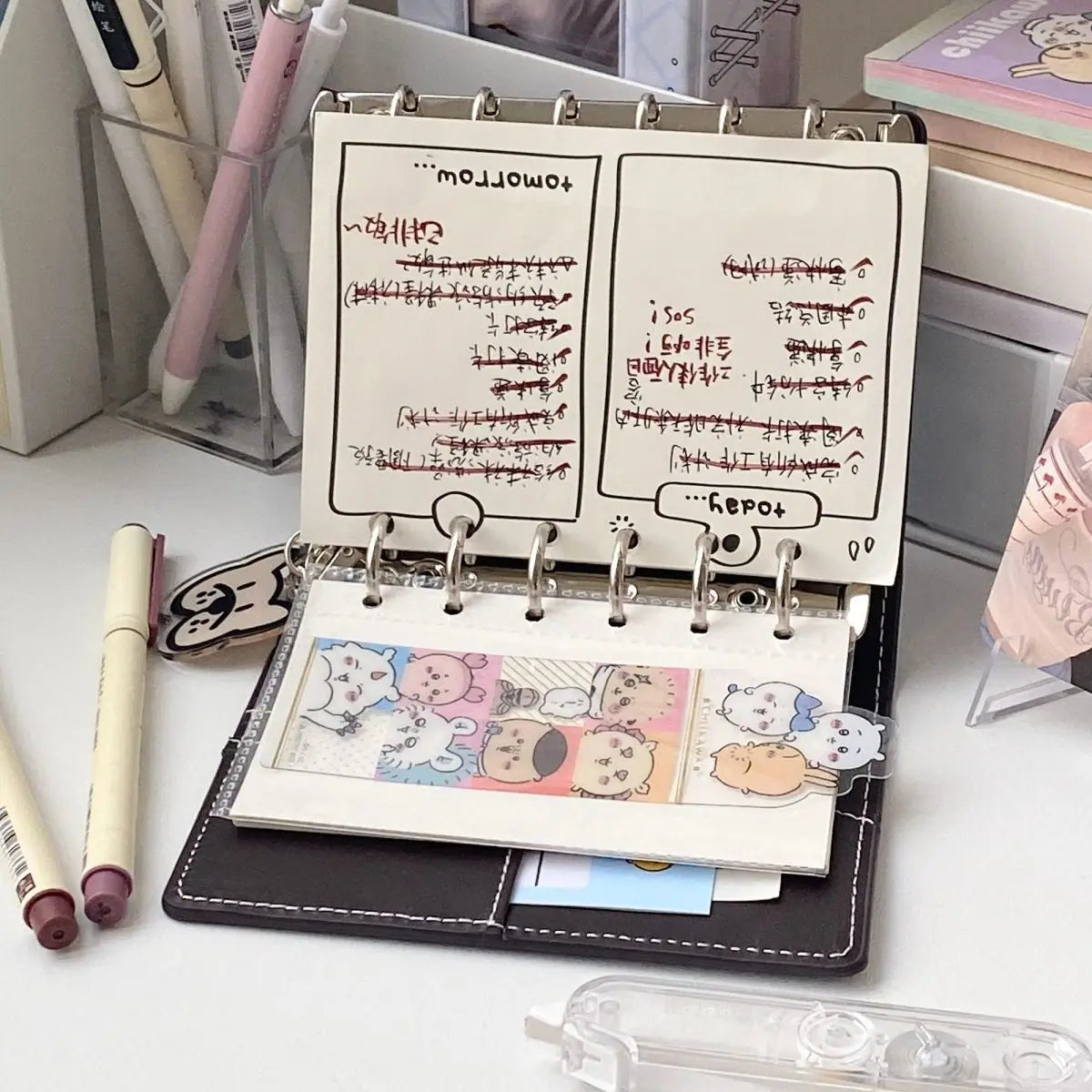 Bindemittel A7 Notizbuch abnehmbar loseblattig dunkelbraun weiß Kunstleder