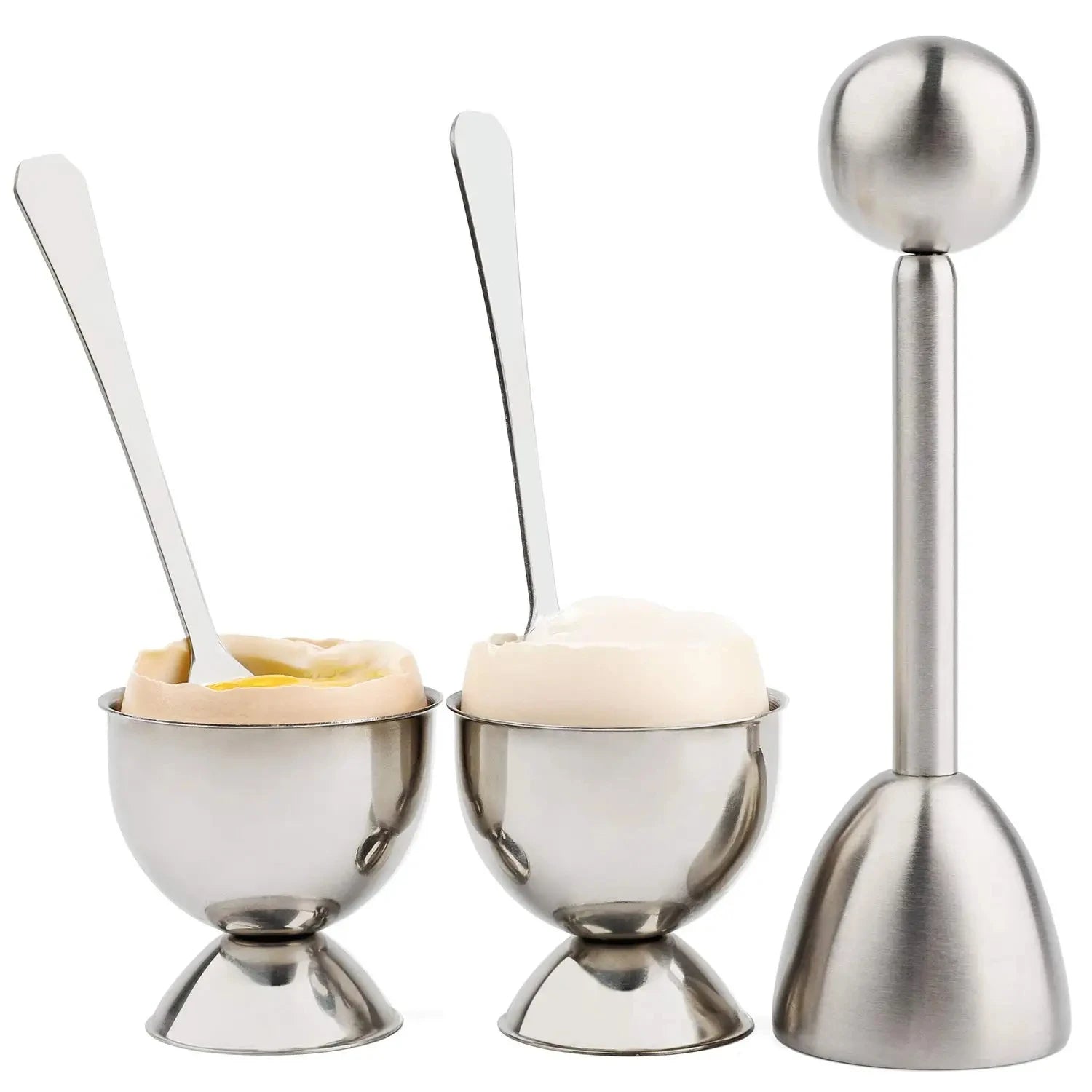 Edelstahl Eieröffner mit Eierablage und Löffel für einfaches Frühstück