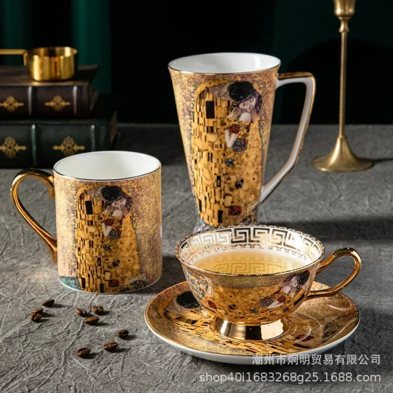 Edle Bone China Kaffeetasse 220ml mit Löffel im Gustav Klimt Stil – Geschenkidee
