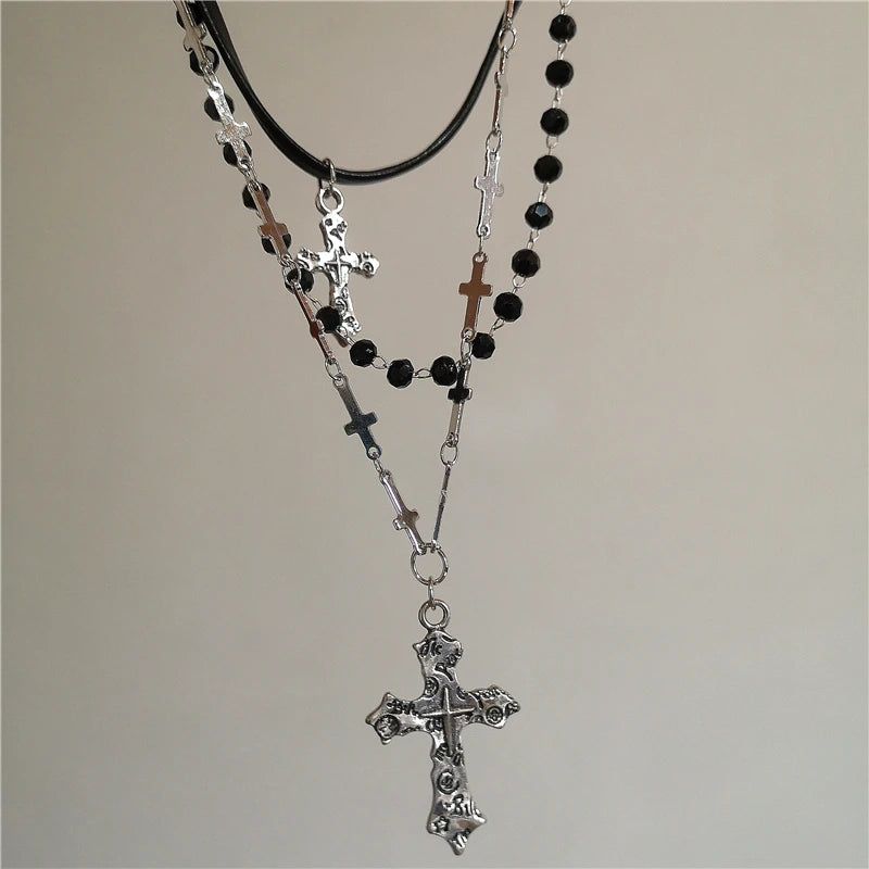 Unisex Doppelschicht Kette mit Punk Stern Herz und Kreuz Edelstahl