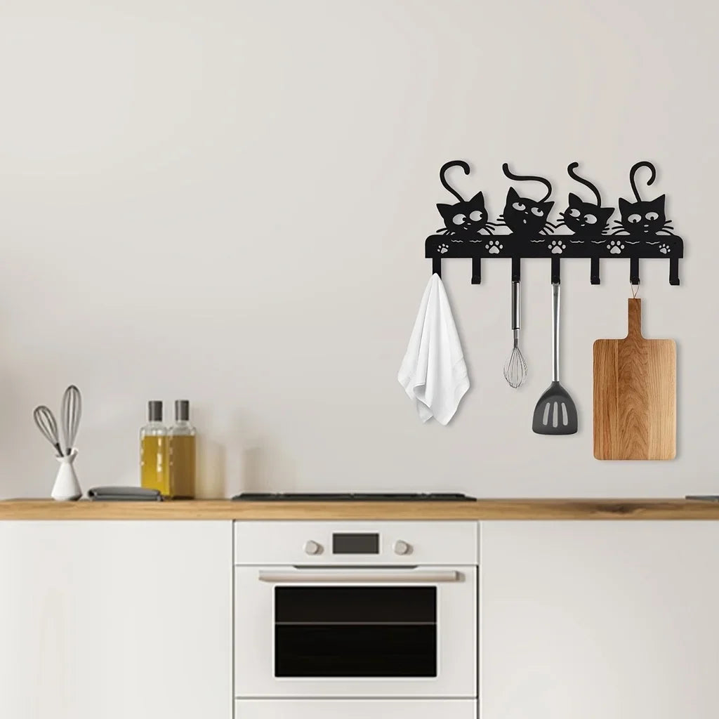 Niedliche Katzen Wandhaken aus Eisen mit 7 Haken für Schlüssel Mäntel