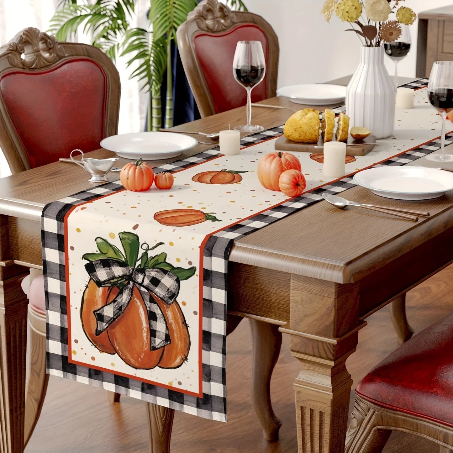 Herbst Buffalo Check Tischläufer Kürbisblatt Landhausstil Deko