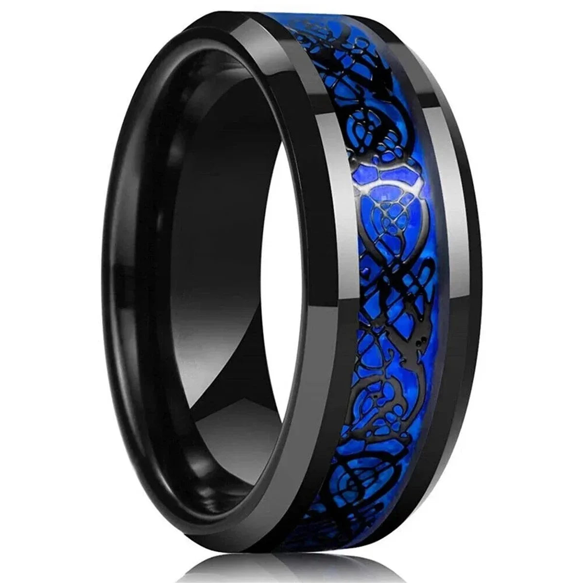 Eleganter Edelstahlring mit keltischem Drachen und Carbon Inlay