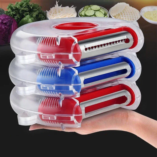 Multifunktionaler 3-in-1 Edelstahl-Gemüse- - Obstschäler mit 3 Klingen, Rot/Blau