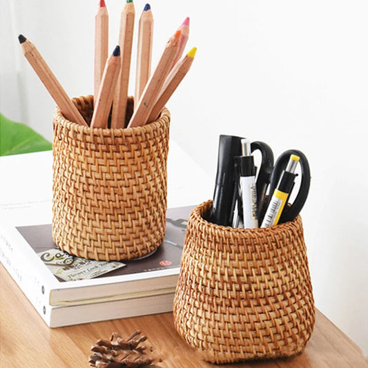 Handgefertigter Stifthalter aus gewebtem Holz Rattan Büro Schreibtisch