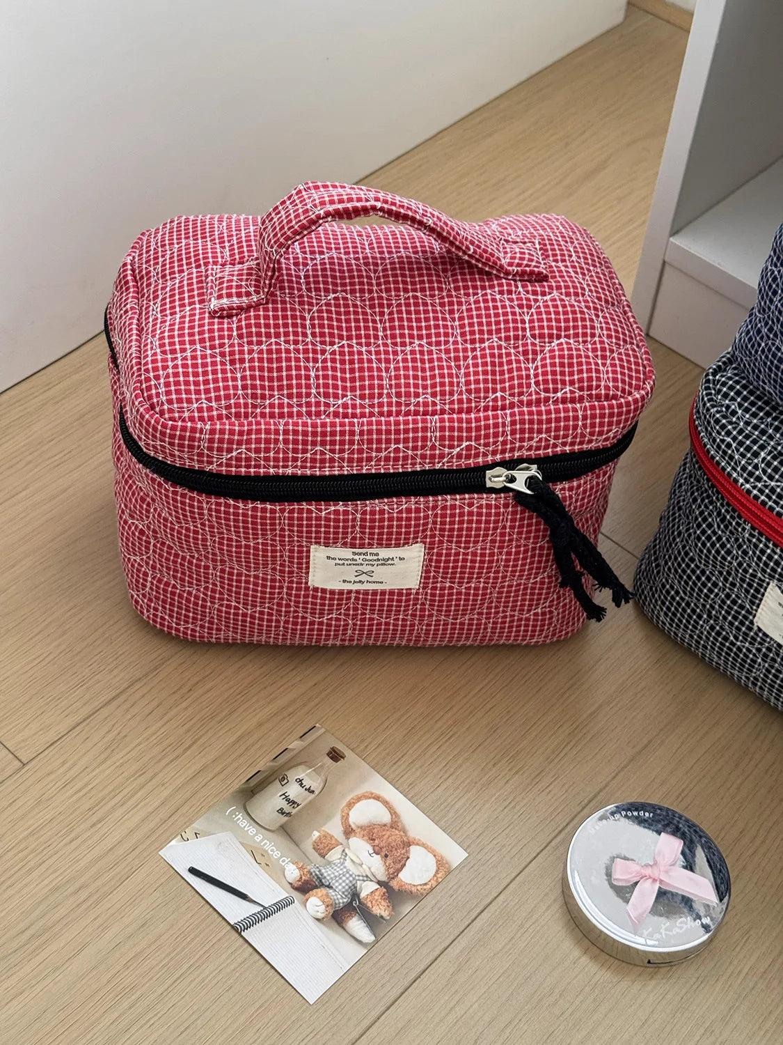 Gesteppte herzförmige karierte Damen Kosmetiktasche große Kapazität