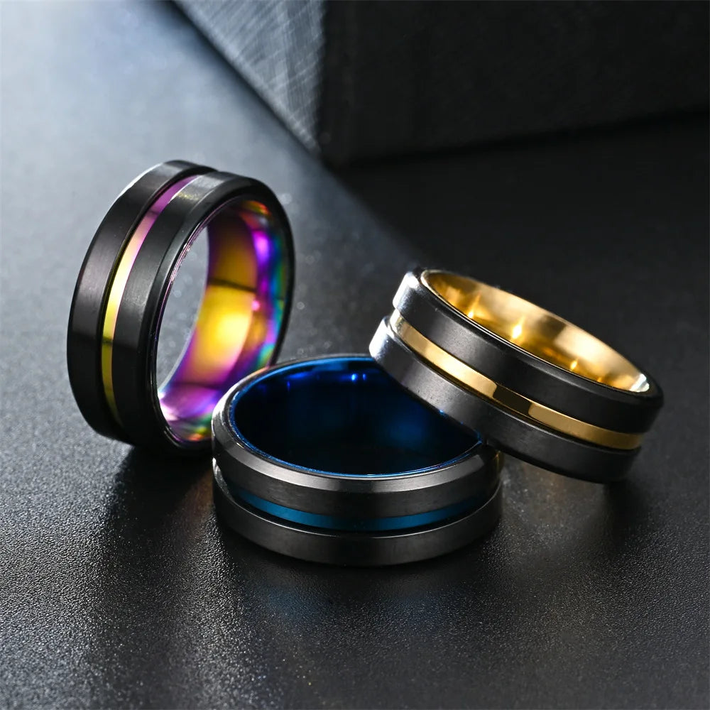 Fashio Männer Ringe Schwarz Titan Edelstahl Ringe Für Männer Frauen Ziegel Muster Finish Abgeschrägte Kante Hochzeit Ring Partei Schmuck