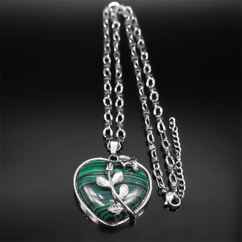 Herzanhänger Halskette mit grünem Malachit Stein aus Edelstahl Unisex