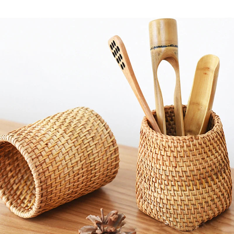Handgefertigter Stifthalter aus gewebtem Holz Rattan Büro Schreibtisch