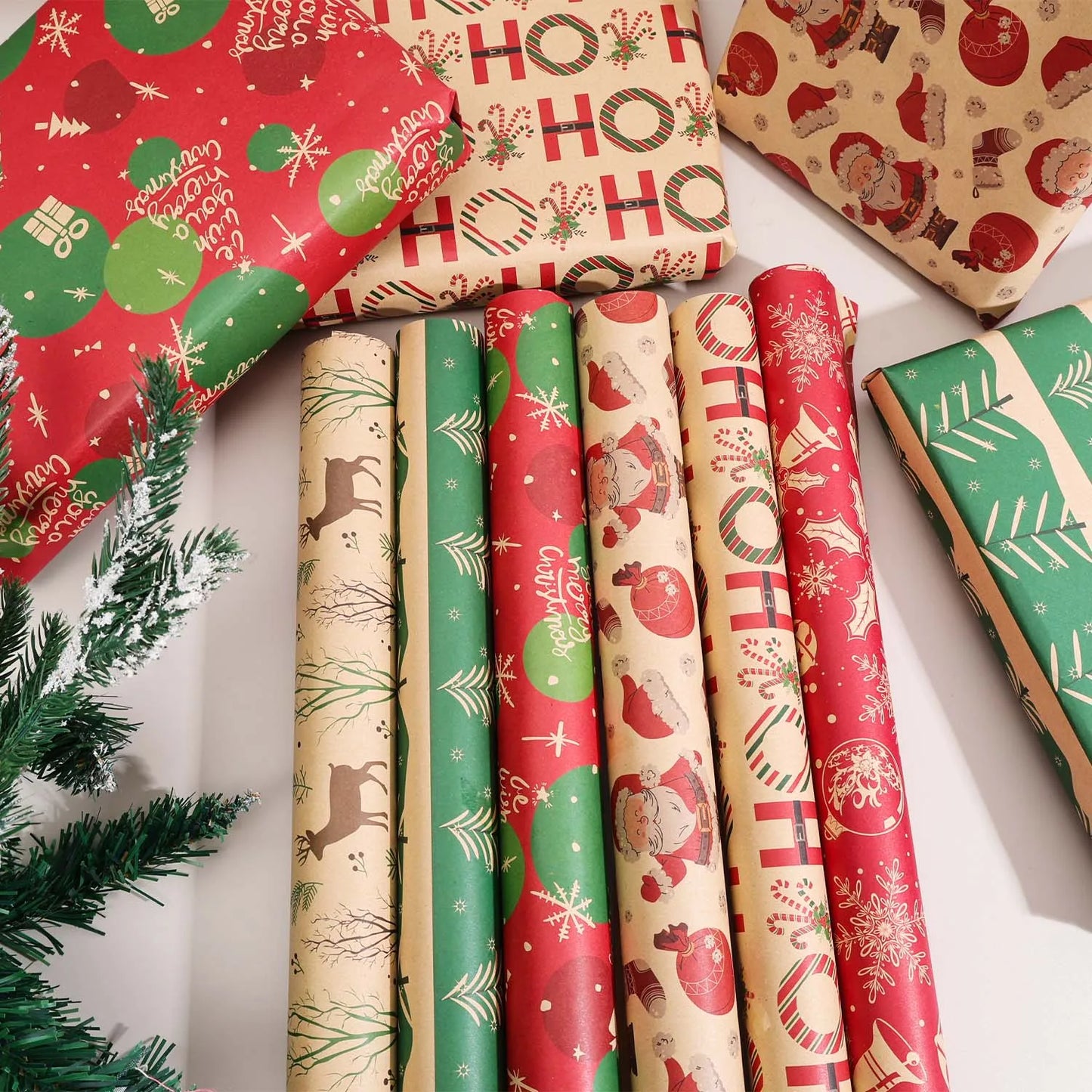 50x75 cm Weihnachts Kraft Geschenkpapier mit Weihnachtsbaum und Weihnachtsmann