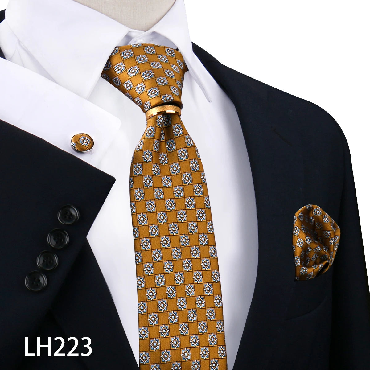 Herren Krawattenset Gold Ring, Manschettenknöpfe, Einstecktuch Festlich