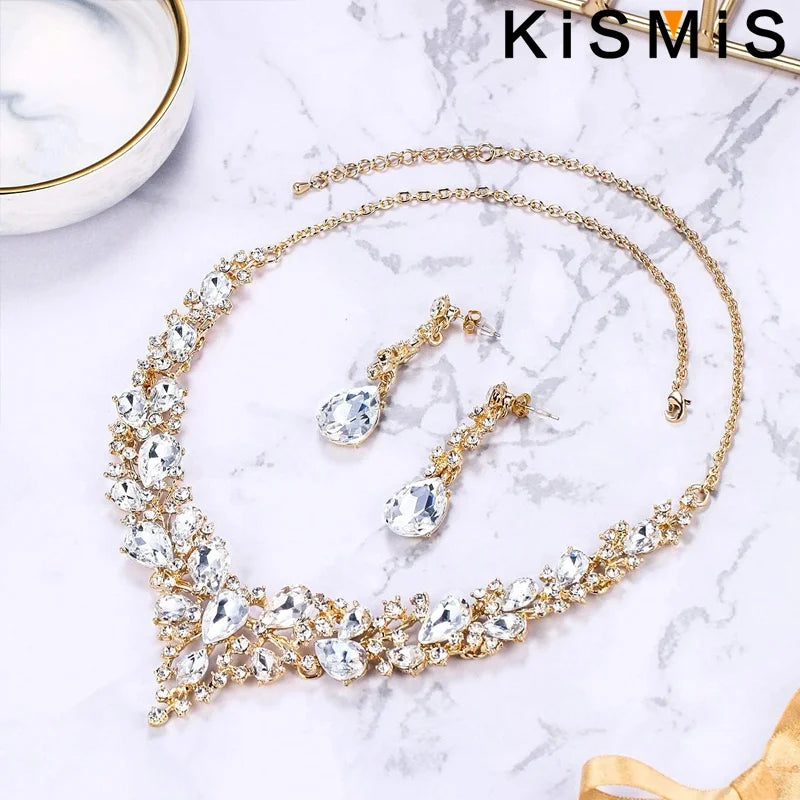 Elegantes Braut Schmuckset mit Kristall Strass Halskette und Ohrringen Tropfenform-Yabubest - Home & More