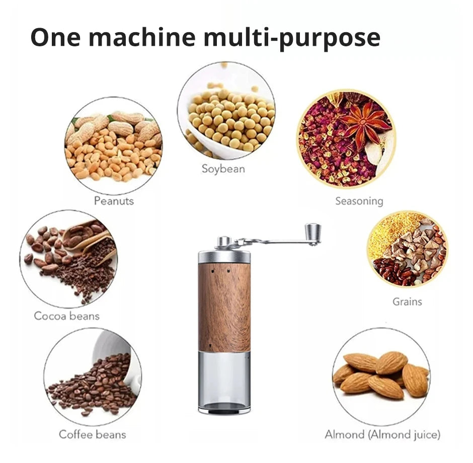 Tragbare Handkaffeemühle aus Edelstahl mit Holzmaserung