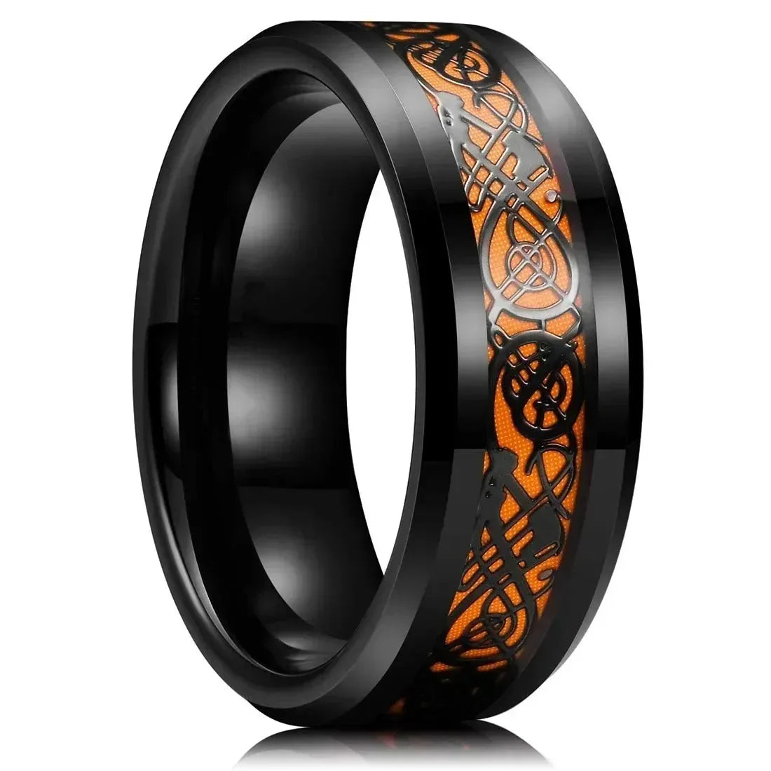 Eleganter Edelstahlring mit keltischem Drachen und Carbon Inlay