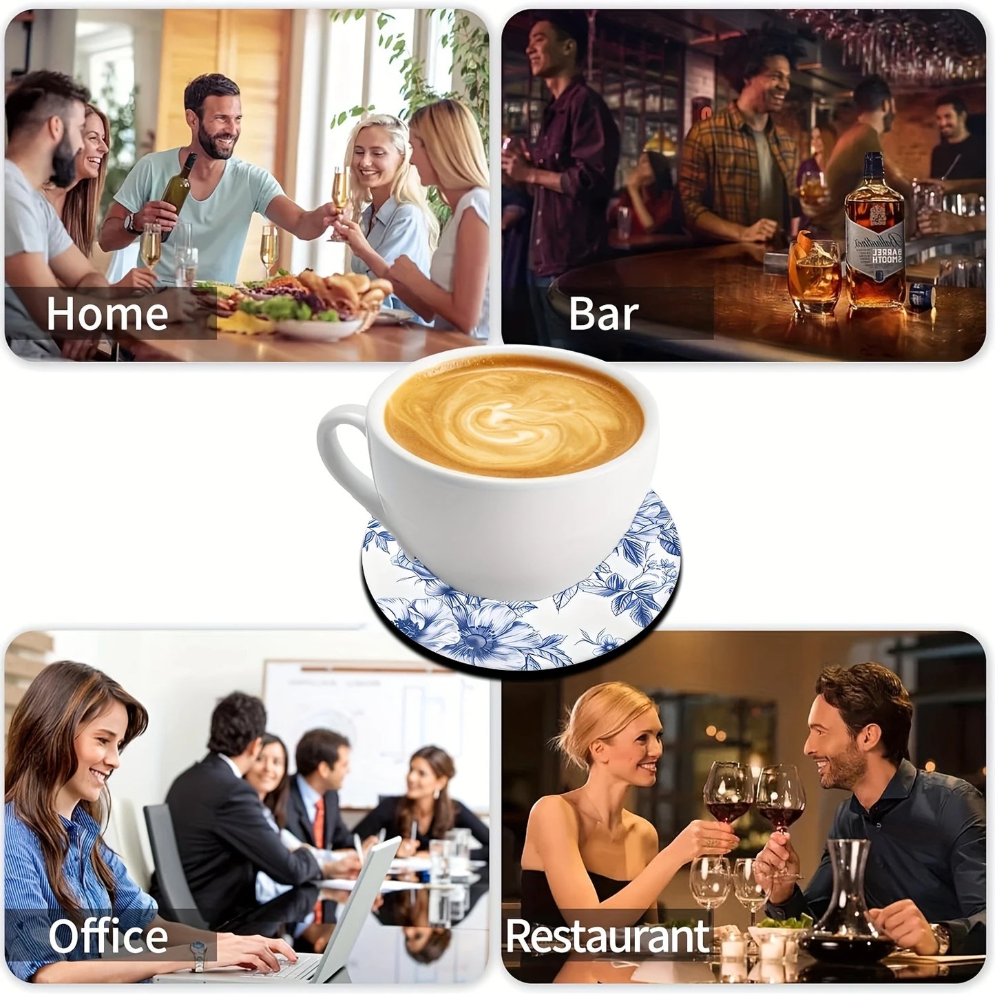 Runder Holzuntersetzer mit blau weißem Muster für stilvolle Tischdekoration