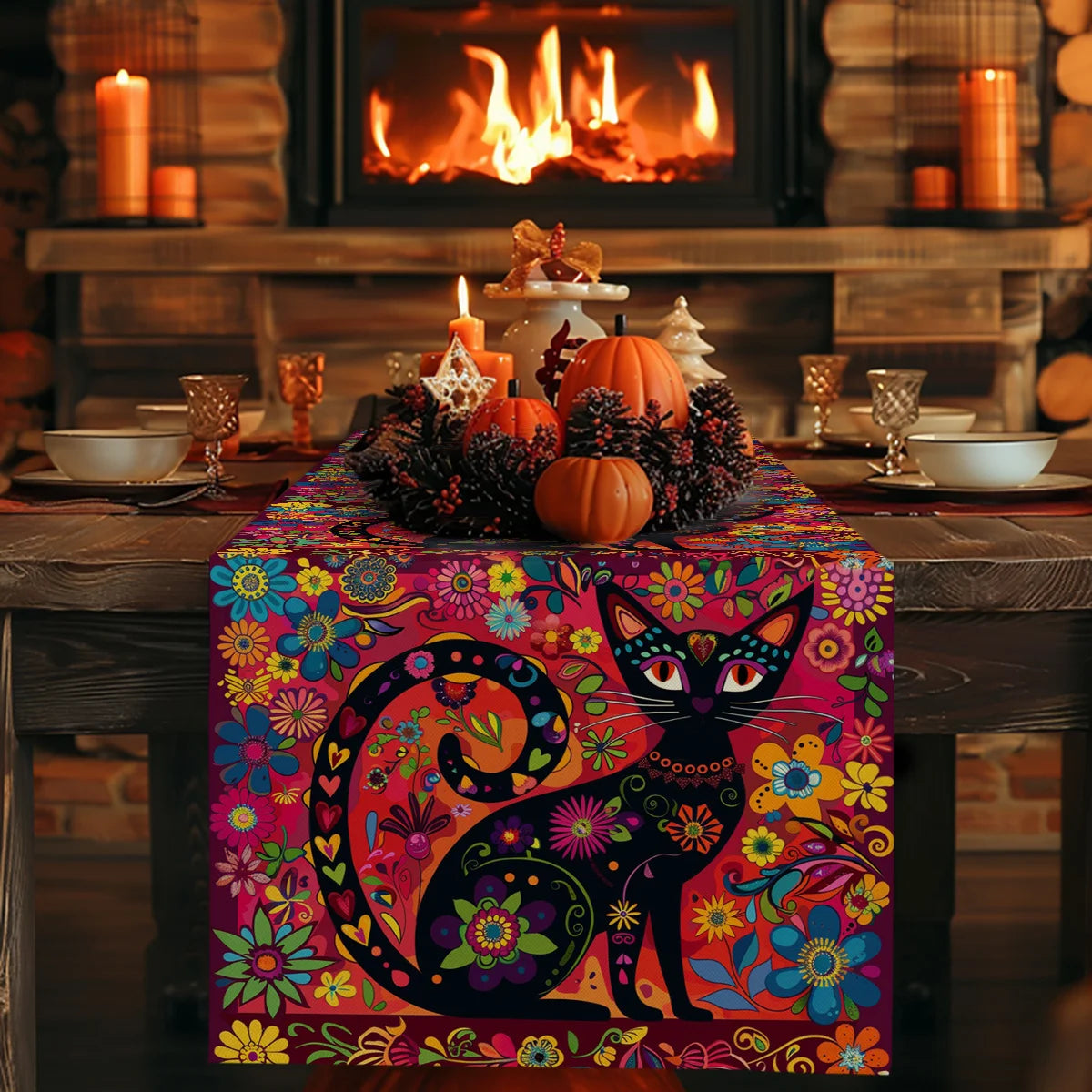 Böhmischer Tischläufer Katzen Blumen Langlebig Küche Esszimmer Party Deko