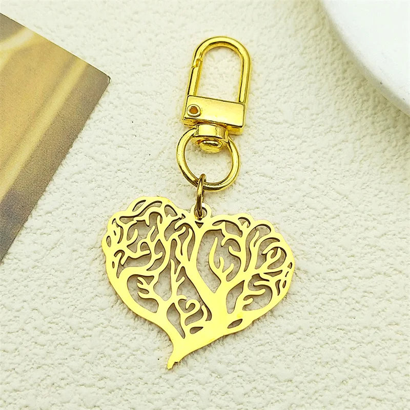 Herzförmiger Edelstahl Schlüsselanhänger Baum des Lebens Gold Silber