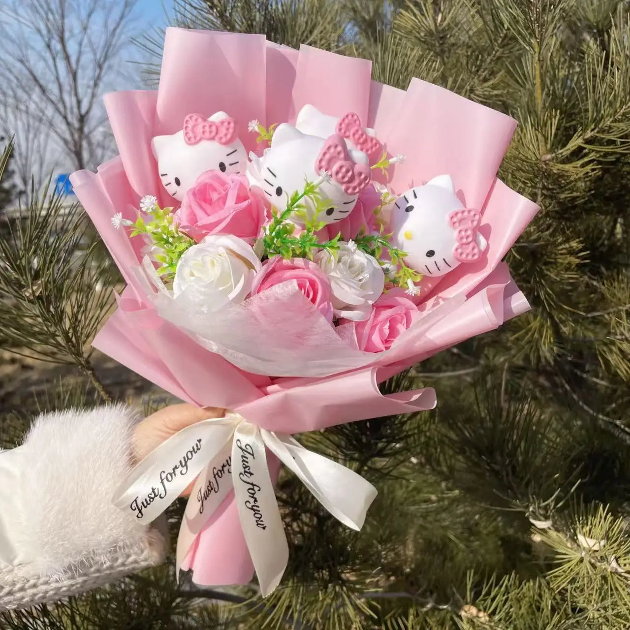 Kawaii Katzenpuppen mit künstlichen Blumen, kreativer Blumenstrauß 30-35cm-Yabubest - Home & More