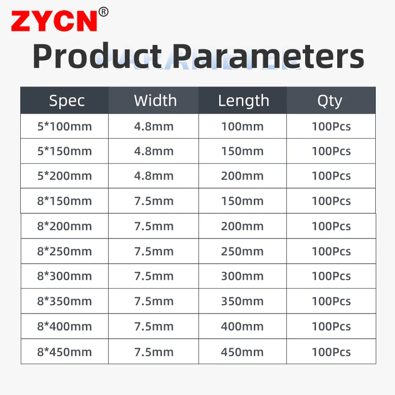 100x wiederverwendbare Nylon Kabelbinder schwarz 8x150-450 mm lösbar