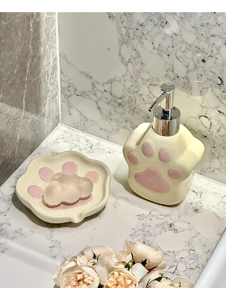 Keramikseifenspender mit Katzenpfoten Motiv für Dusche und Bad