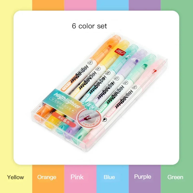 6 Farben Set Doppelkopf Pastell Textmarker für Schule und Büro