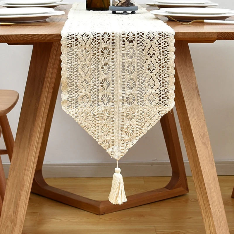 Vintage Beige Tischläufer Häkelspitze Quaste für Couchtisch Hochzeitsdeko