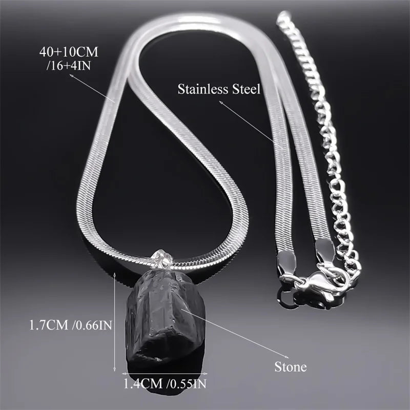 Unregelmäßige schwarze Turmalin Anhänger Halskette Edelstahl 40cm Schlange