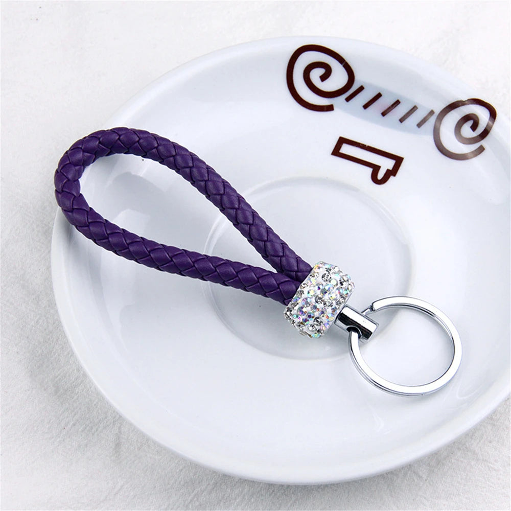 Stilvoller PU-Leder Schlüsselbund mit Glitter - Strass, geflochtenes Seil, Unisex