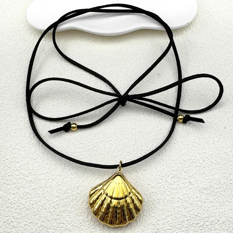 Goldfarbene Muschel Anhänger Halskette Edelstahl Unisex verstellbar lange Kette