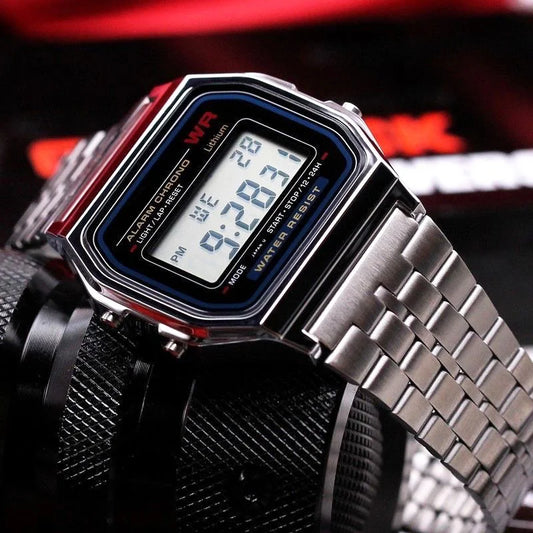 Digitale Retro Sportuhr mit LED Stahlband für Damen Herren Gold Silber