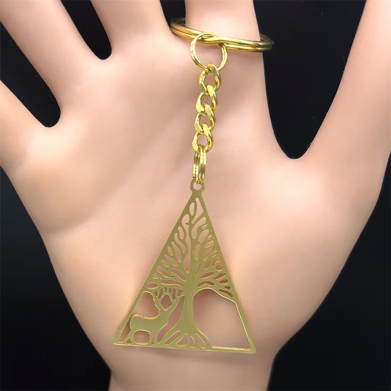 Dreieck Baum des Lebens Milu Hirsch Schlüsselanhänger Edelstahl Unisex