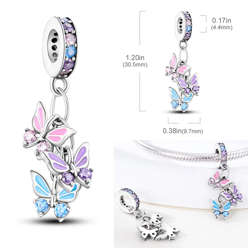 925 Sterling Silber Charm mit rosa Schmetterling - leuchtenden Glühwürmchen