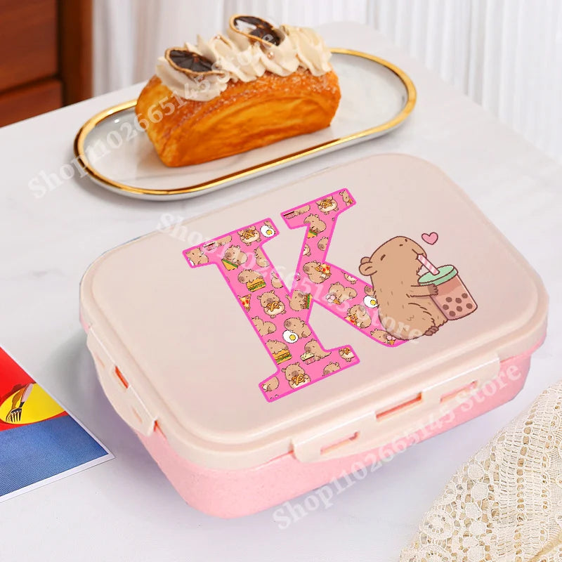 Niedliche Capybara Lunchbox mit A-Z Buchstaben, Single Layer Bento Box