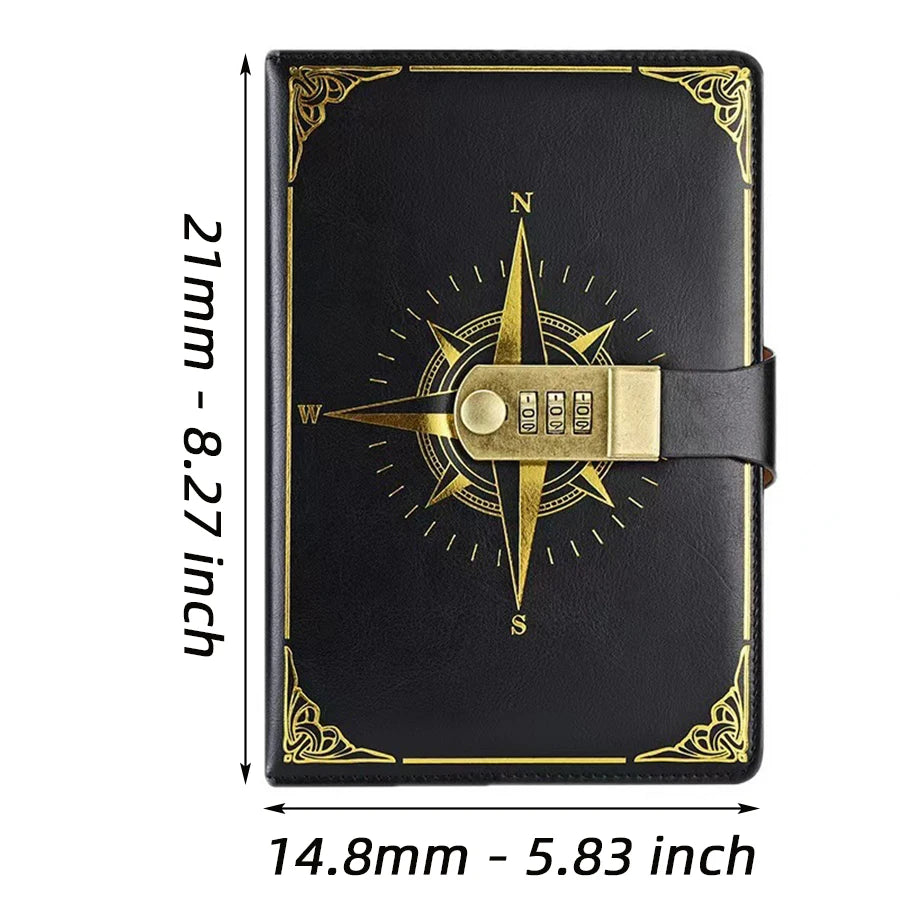 A5 Retro Passwort Notizbuch mit Schloss – PU Leder Kompass Design Tagebuch