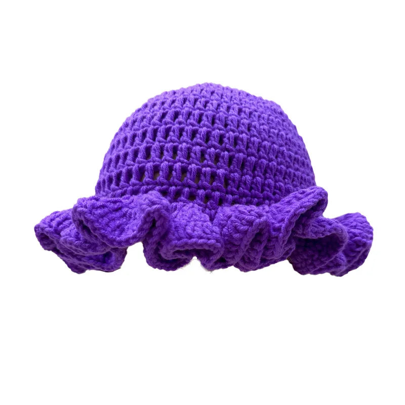 Warme Wollmütze mit Lotusblattkante und mehrfarbiger Spitze für Damen