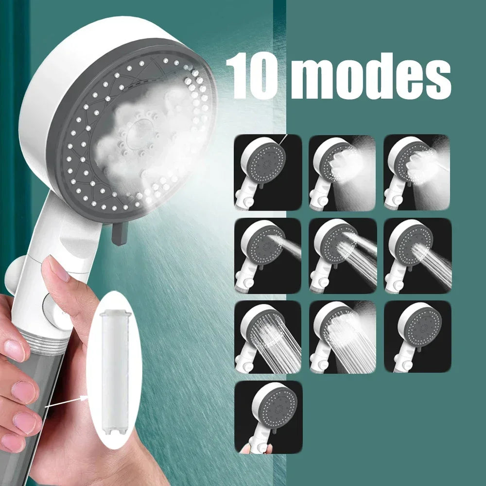 10-in-1 Handbrause mit Wasserfilter - One-Touch-Stopp – Wassersparend - Hochdruck