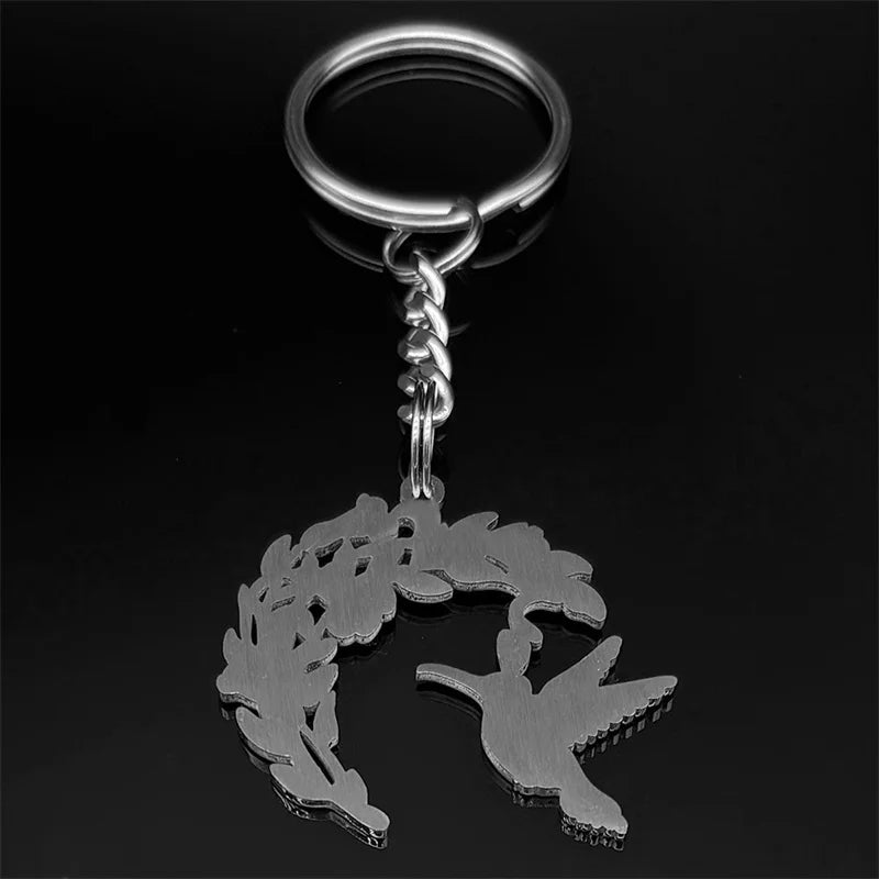 Silberfarbener Edelstahl Schlüsselanhänger Kolibri Blumen Motiv Unisex