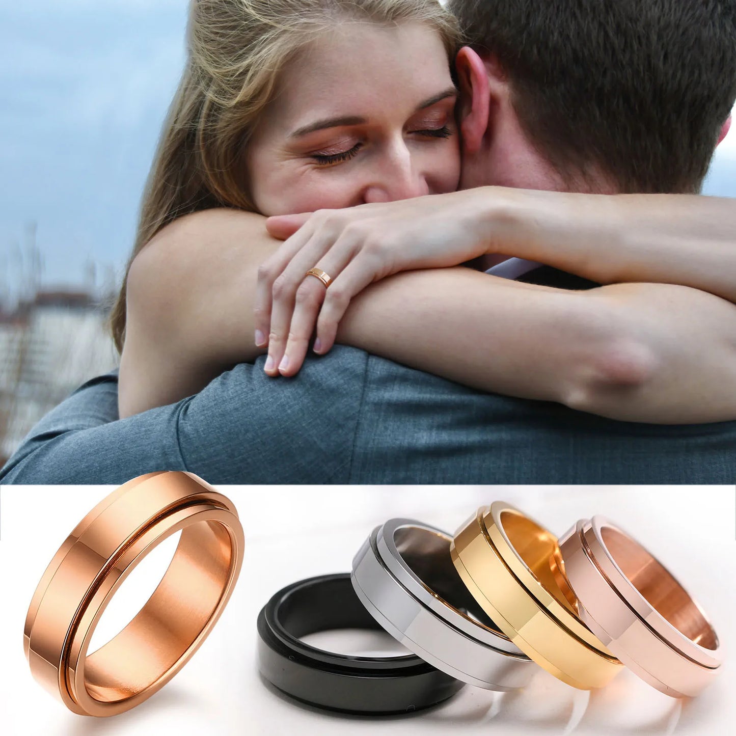 Edelstahl Spinner Zappelring für Männer Größe 5-12 in Gold Silber Rose