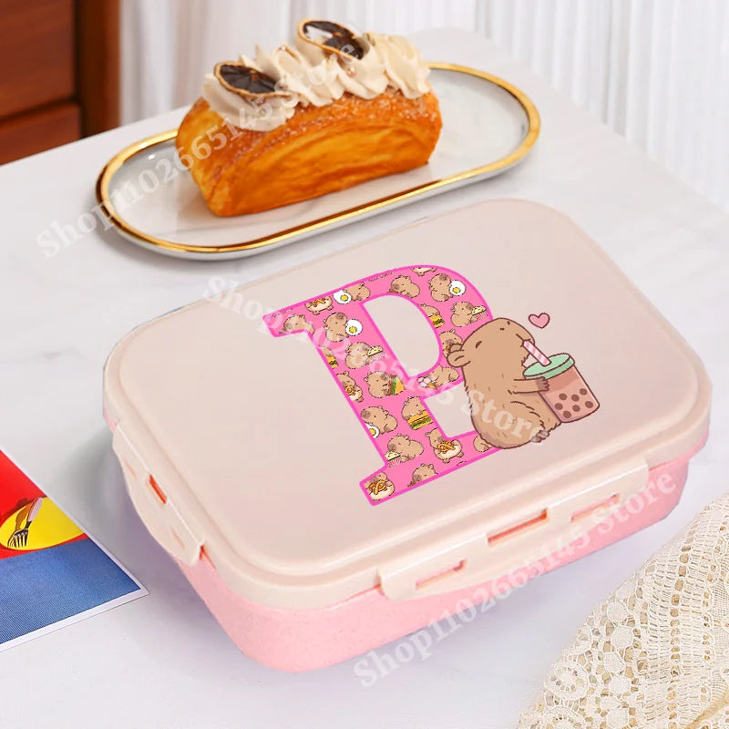 Niedliche Capybara Lunchbox mit A-Z Buchstaben, Single Layer Bento Box