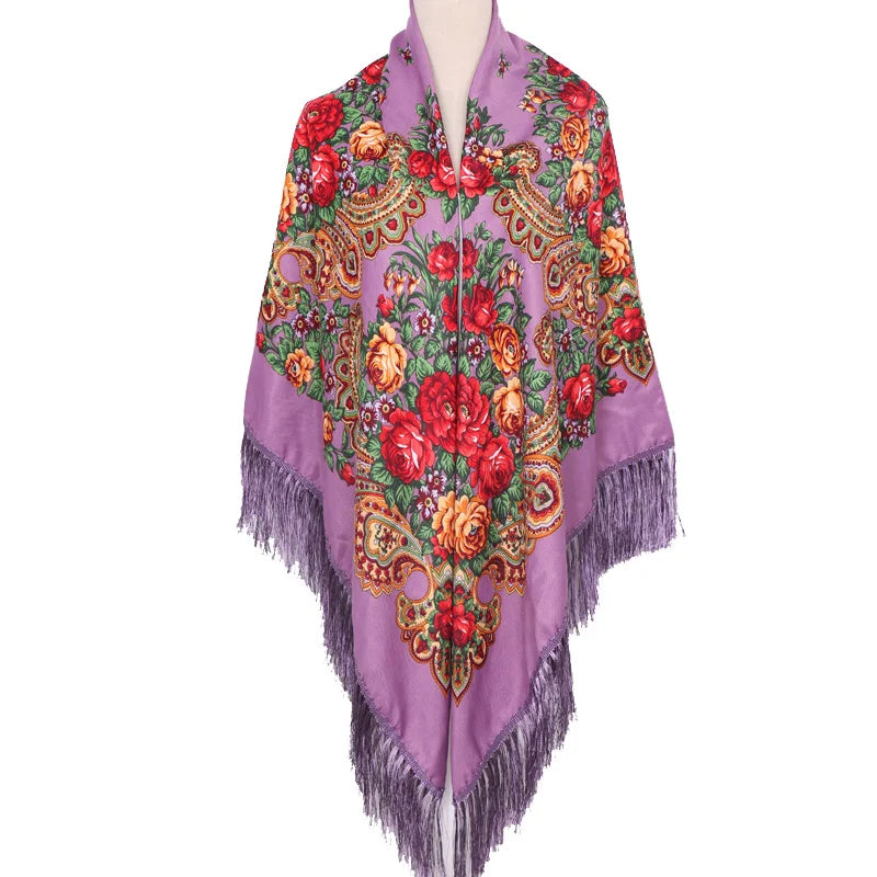 Quadratischer Damenschal 160x160cm mit Blumenmuster - Quasten – Ganzjährig