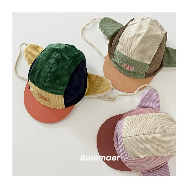 Warme Winter Patchwork Cord Baseball Caps mit Pelzfutter für Kleinkinder