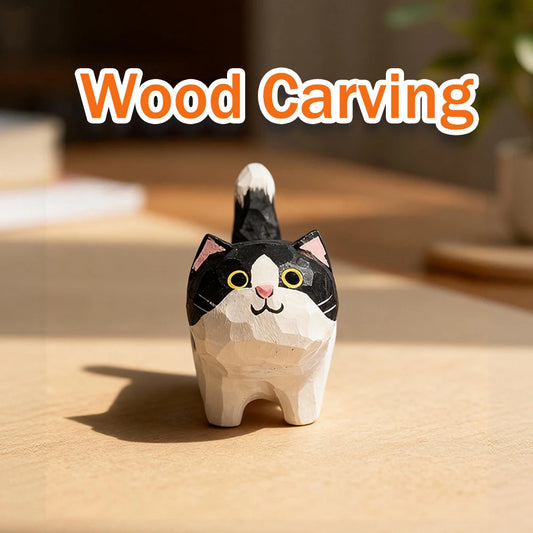 Handgeschnitzte Katzenfigur Holz Deko Regal Schreibtisch Geschenk