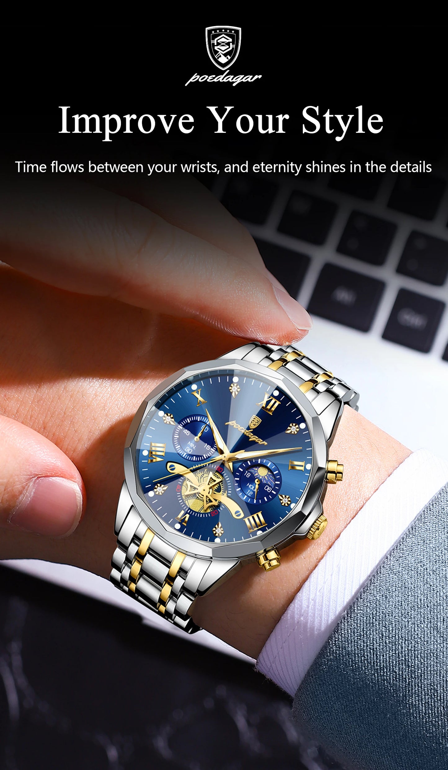 Wasserdichte Luxusuhr mit Chronograph und Edelstahlarmband Herren-Yabubestshop