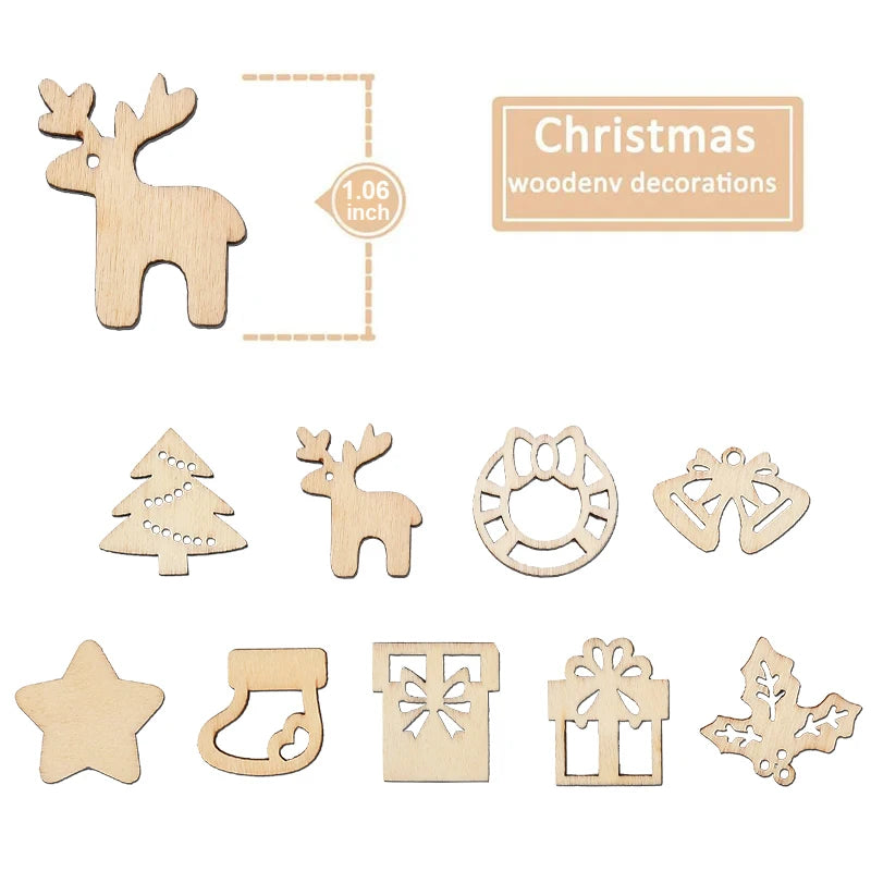 50 teiliges Set unvollendeter Holzornamente für DIY Weihnachtsdekoration