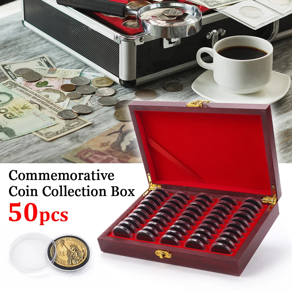 Praktische Holzkassette zur Aufbewahrung von 50 Münzen