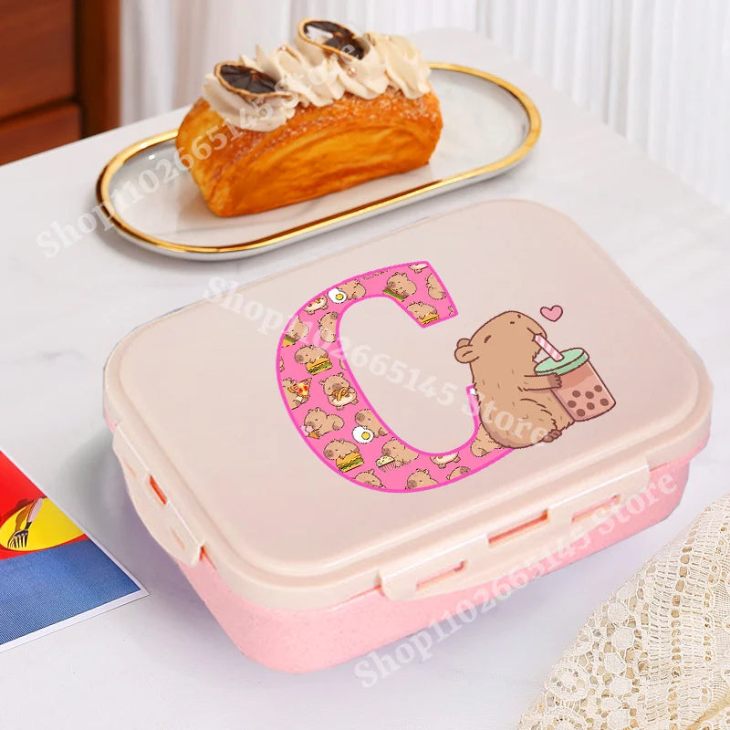 Niedliche Capybara Lunchbox mit A-Z Buchstaben, Single Layer Bento Box